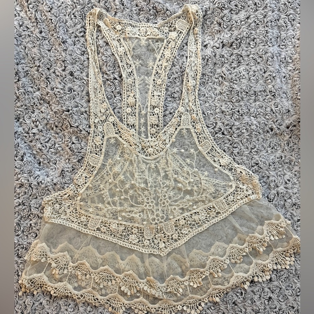SHEER LACE Tank Top Vest Layer Shirt Blouse Mesh Knit Crochet Boho Floral Anthro